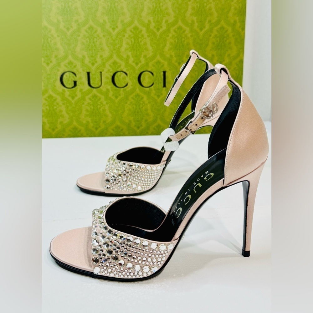Gucci GG Crystal Embellished Rhinestones Heels Pink Satin Sandals Size 37.5 - Picture 4 of 16